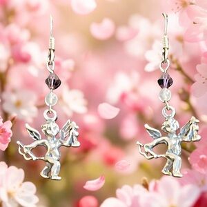 Sterling Silver Cupid Earrings w Swarovski & Rose Quartz